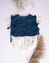 गैलरी व्यूवर में इमेज लोड करें, An image with a closer look at the White cotton Romper with Polka dots design, and blue Swaddle against a Pink background.
