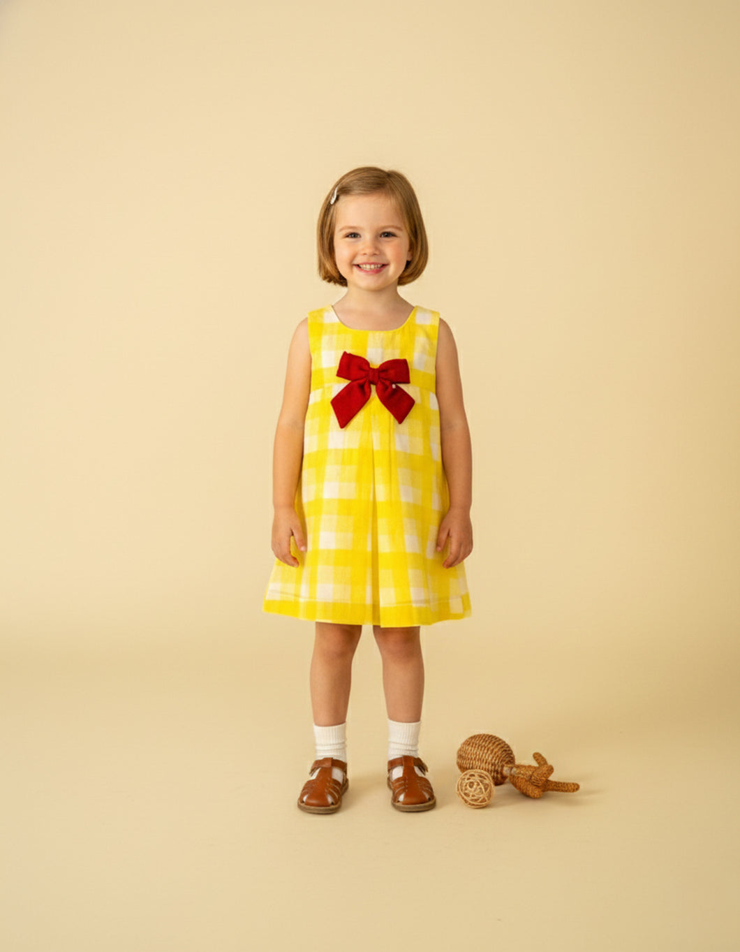 Vintage Bow Dress for Girls | Yellow Check
