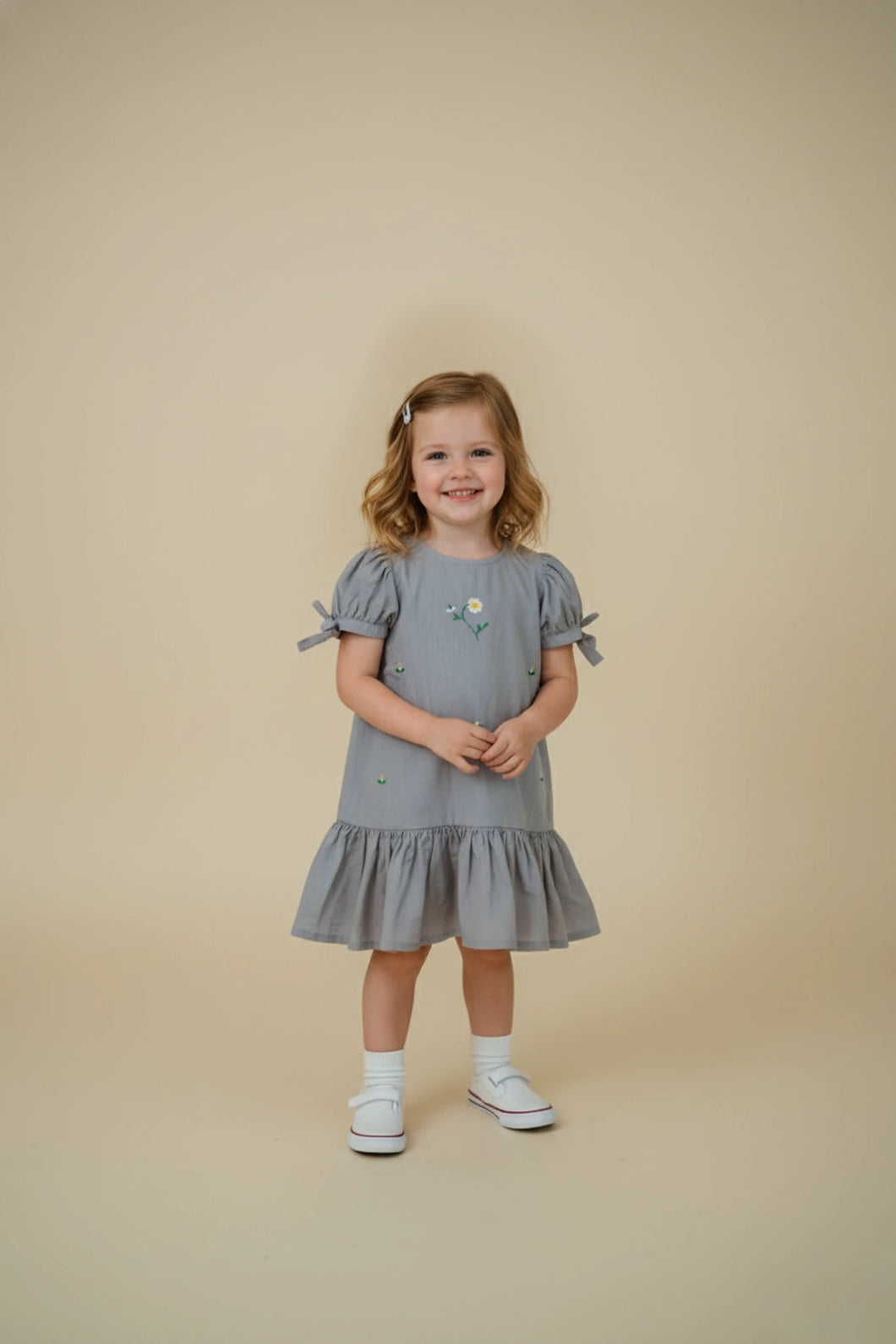Grey Meadow Blossom Cotton Frock for Girls | Hand Embroidered