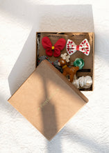 Load image into Gallery viewer, Beautiful brown box containing some Christmas hair accessories with some toys, placed on a white background
