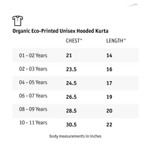 गैलरी व्यूवर में इमेज लोड करें, A size chart of organic eco-printed unisex hooded kurta.
