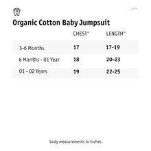 गैलरी व्यूवर में इमेज लोड करें, A size chart of organic cotton baby jumpsuit.

