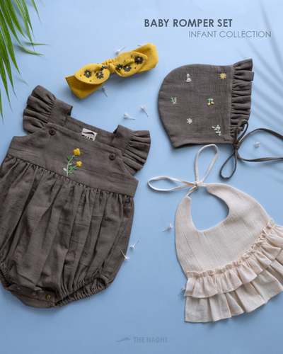 It is an organic baby romper set which has four pieces in total kept upon a blue background with some leaf aside.