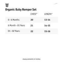गैलरी व्यूवर में इमेज लोड करें, A size chart of organic baby romper set.
