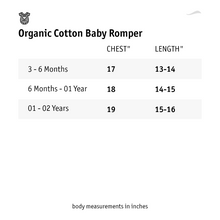गैलरी व्यूवर में इमेज लोड करें, Size chart of organic cotton baby romper.
