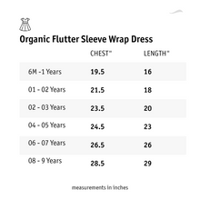 गैलरी व्यूवर में इमेज लोड करें, A size chart of organic flutter sleeve wrap dress.
