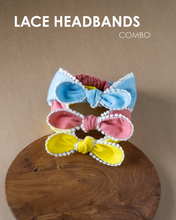 Load image into Gallery viewer, Three hair accessories combo tied on a brown card placed on a brown plate with a text written on the top. 
