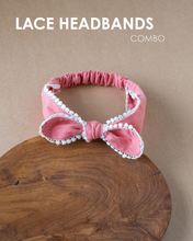 Load image into Gallery viewer, Pink color Lace headband as hair accessories is placed on a brown table with a text written on the top.
