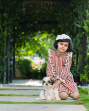 Load image into Gallery viewer, A girl wearing beautiful lace shift dress with matching accessory posing with puppy in the middle of the road.
