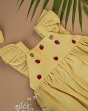 Load image into Gallery viewer, A cute romper with some strawberry embroidery on it with some leaf and flower aside.
