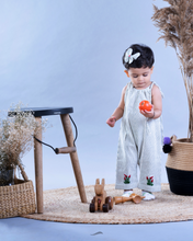 Load image into Gallery viewer, A baby girl wearing cute jumpsuit with matching hair accessories with some artificial plants and wooden pots and with some rabbit toys and a flower basket aside.
